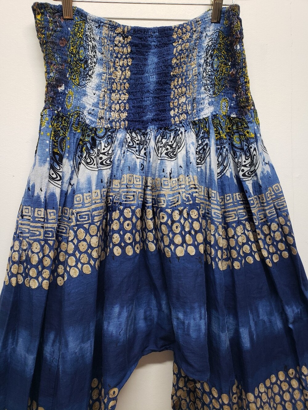 Boho Tie-Dye Harem Pants Blue Cream Mandala Print Smocked Waist Festival Hippie - Picture 9 of 12